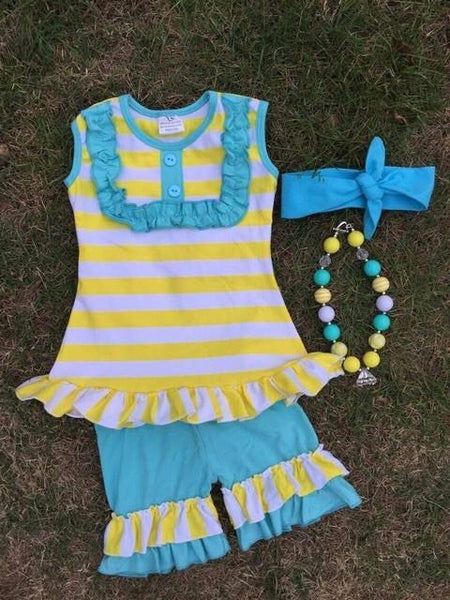 Blue and Yellow Striped rffle Short Set
